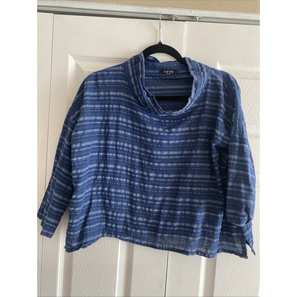 Otte New York Striped Cowl Neck Top Womens OS Blue Boxy Lagenlook Cotton